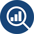 Data Tool icon: maginfying glass and bar chart on a blue background