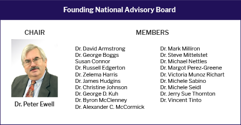 The founding National Advisory Board included the following members: Dr. Peter Ewell as chair, Dr. David Armstrong, Dr. George Boggs, Susan Connor, Dr. Russel Edgerton, Dr. Zelema Harris, Dr. James Hudgins. Dr. Christine Johnson, Dr. George D. Kuh, Dr. Byron McClenney, Dr. Alexander C. McCormick, Dr. Mark Milliron, Dr. Steve Mittelstet, Dr. Michael Nettles, Dr. Margot Perez-Greene, Dr. Victoria Munoz Richart, Dr. Michele Sabino, Dr. Michele Seidle, Dr. Jerry Sue Thornton, and Dr. Vincent Tinto.