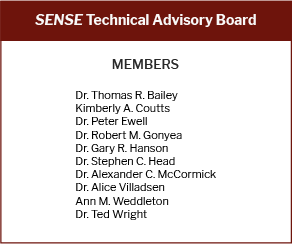 The technical advisory panel for the Survey of Entering Student Engagement included the following members: Dr. Thomas R. Bailey, Kimberly A. Coutts, Dr. Peter Ewell, Dr. Robert M. Gonyea, Dr. Gary R. Hanson, Dr. Stephen C. Head, Dr. Alexander C. McCormick, Dr. Alice Villadsen, Ann M. Weddleton, and Dr. Ted Wright.