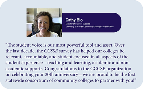 The student voice is our most powerful tool and asset. Over the last decade, the CCSSE survey has helped our colleges be more relevant, accountable, and student-focused in all aspects of the student experience—teaching and learning, academic and non-academic supports. Congratulations to the CCCSE organization on celebrating your 20th anniversary—we are proud to be the first statewide consortium of community colleges to partner with you! Cathy Bio, Director of Student Success, University of Hawaii Community College System Office